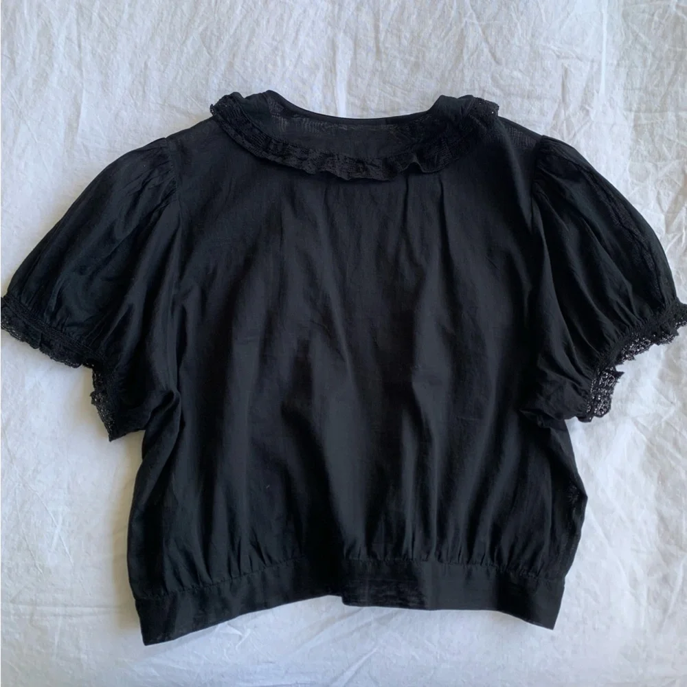 Doen Skylark Cotton Lace Collar Button Crop Short Puff Sleeve Blouse Top Black